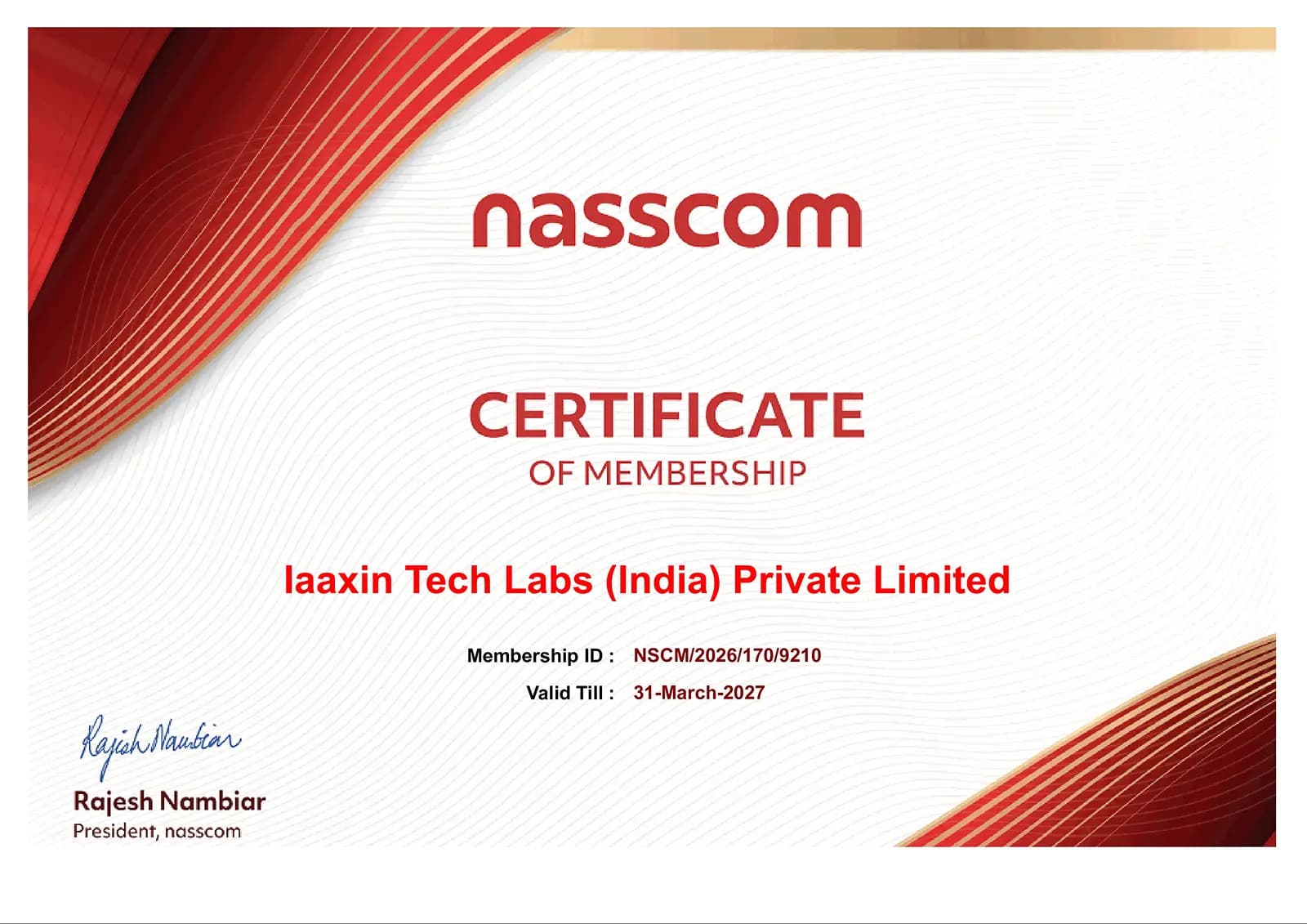 Nasscom Membership Certificate
